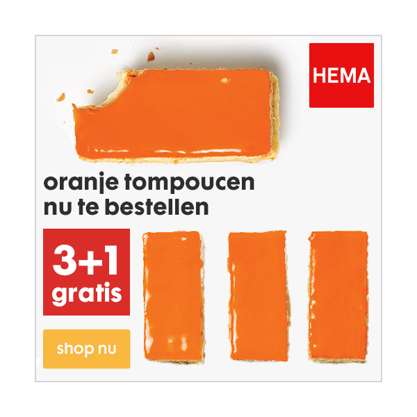 Lekker voor de kids: oranje tompoucen. Nu actie bij HEMA! 3+1 GRATIS: bestel nu!