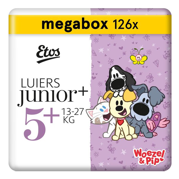 Bespaar 25% op Etos Woezel & Pip Luiers Junior Plus Maat 5+ Maandbox 126 stuks (€0,18 p.stuk)