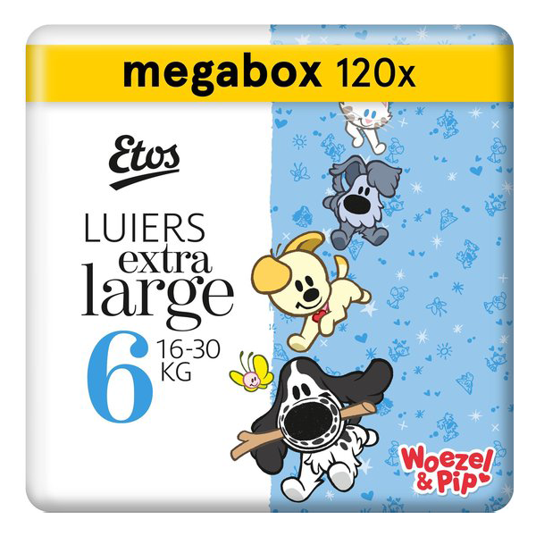 Bespaar 25% op Etos Woezel & Pip Luiers XL Maat 6 – Maandbox 120 stuks (3 x 40 st) (€0,19 p.stuk)