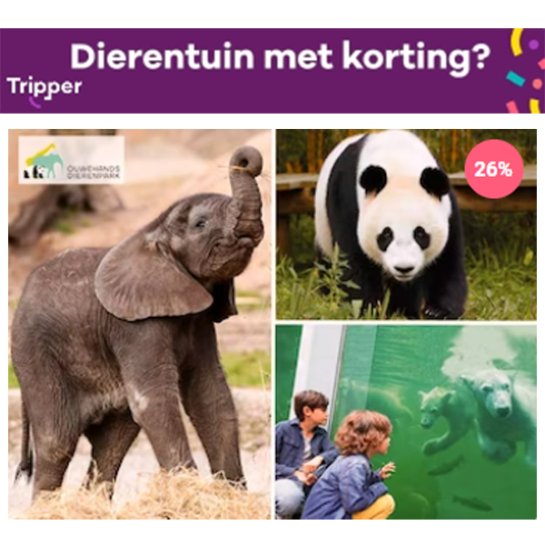 Tripper: 26% KORTING op Entreeticket Ouwehands Dierenpark van € 27,- voor € 20,-