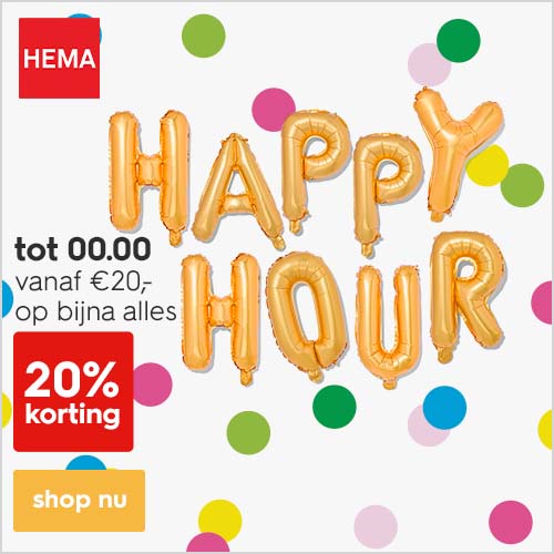 HEMA HAPPY HOUR: alleen vandaag tussen 17:00-00:00 ontvang je 20% KORTING op bijna alles!